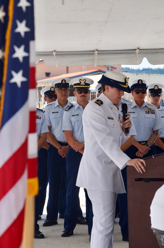 Lt. Emma Saunders takes command of USCGC Myrtle Hazard (WPC 1139) from Lt. Jalle Merritt in a change of command ceremony at Victor Pier in Apra Harbor, Guam, on April 19, 2024. After two years as commanding officer, Merritt leaves Guam to join the vice commandant's staff as military aide. (U.S. Coast Guard photo by Chief Warrant Officer Sara Muir)