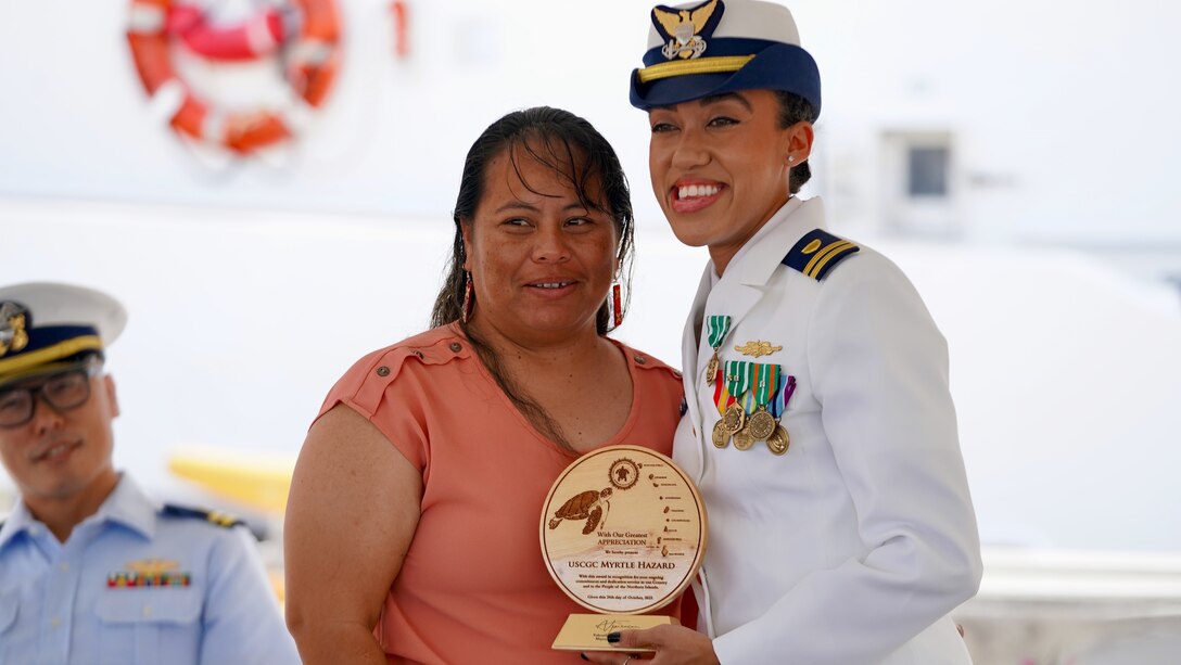 Lt. Emma Saunders takes command of USCGC Myrtle Hazard (WPC 1139) from Lt. Jalle Merritt in a change of command ceremony at Victor Pier in Apra Harbor, Guam, on April 19, 2024. After two years as commanding officer, Merritt leaves Guam to join the vice commandant's staff as military aide. (U.S. Coast Guard photo by Chief Warrant Officer Sara Muir)