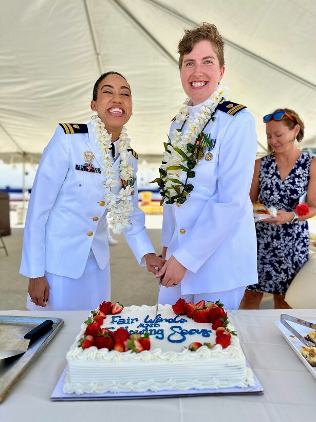 Lt. Emma Saunders takes command of USCGC Myrtle Hazard (WPC 1139) from Lt. Jalle Merritt in a change of command ceremony at Victor Pier in Apra Harbor, Guam, on April 19, 2024. After two years as commanding officer, Merritt leaves Guam to join the vice commandant's staff as military aide. (U.S. Coast Guard photo by Chief Warrant Officer Sara Muir)