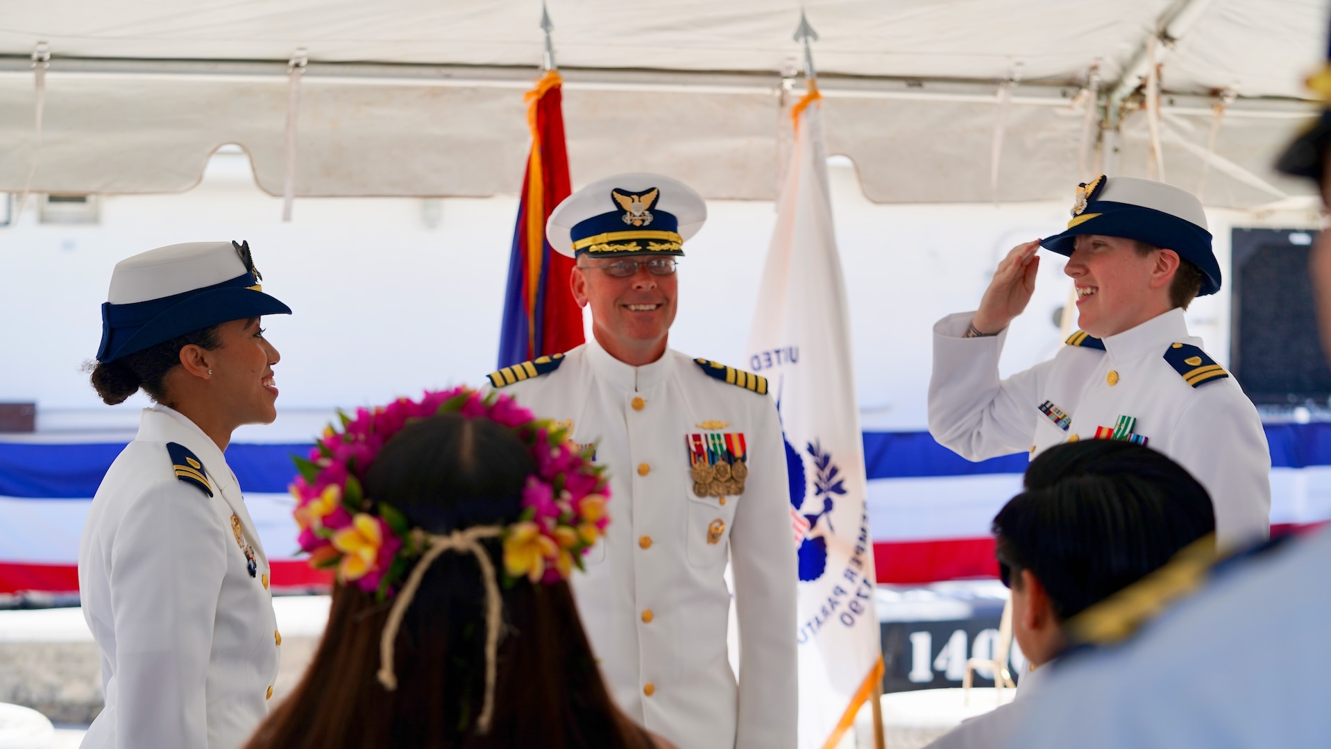 Lt. Emma Saunders takes command of USCGC Myrtle Hazard (WPC 1139) from Lt. Jalle Merritt in a change of command ceremony at Victor Pier in Apra Harbor, Guam, on April 19, 2024. After two years as commanding officer, Merritt leaves Guam to join the vice commandant's staff as military aide. (U.S. Coast Guard photo by Chief Warrant Officer Sara Muir)