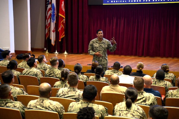 U.S. Navy Master Chief Hospital Corpsman Noel Martinez, assigned to Commander, Naval Surface Force, U.S. Pacific Fleet, talks with Sailors during a Navy Enlisted Classifications roadshow at Naval Medical Center San Diego, Apr. 18, 2024. The NEC roadshow focuses on giving Sailors the knowledge and tools to pursue opportunities within their rate to include Dive Medicine and other specialized assignments. NMCSD continuously seeks professional civilian talent, not just limited to health care providers and administrative support. For anyone seeking a federal job, visit USAJobs at usajobs.gov - the Federal Government's official employment site.  The mission of NMCSD is to prepare service members to deploy in support of operational forces, deliver high quality health care services, and shape the future of military medicine through education, training, and research. NMCSD employs more than 5,000 active-duty military personnel, civilians and contractors in southern California to provide patients with world-class care. Anchored in Excellence, Committed to Health! (U.S. Navy photo by Mass Communication Specialist 2nd Class Jacob Woitzel)