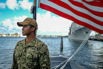 190430-N-KW679-1084 FORT LAUDERDALE, Fla. (April 30, 2019) Electronics Technician Submarine Communications 3rd Class Phil Escasenas stands watch aboard the Los Angeles-class attack submarine USS Albany (SSN 753). Albany is currently participating in Fleet Week Port Everglades 2019. (U.S. Navy photo by Mass Communication Specialist 3rd Class Kristen Cheyenne Yarber)
