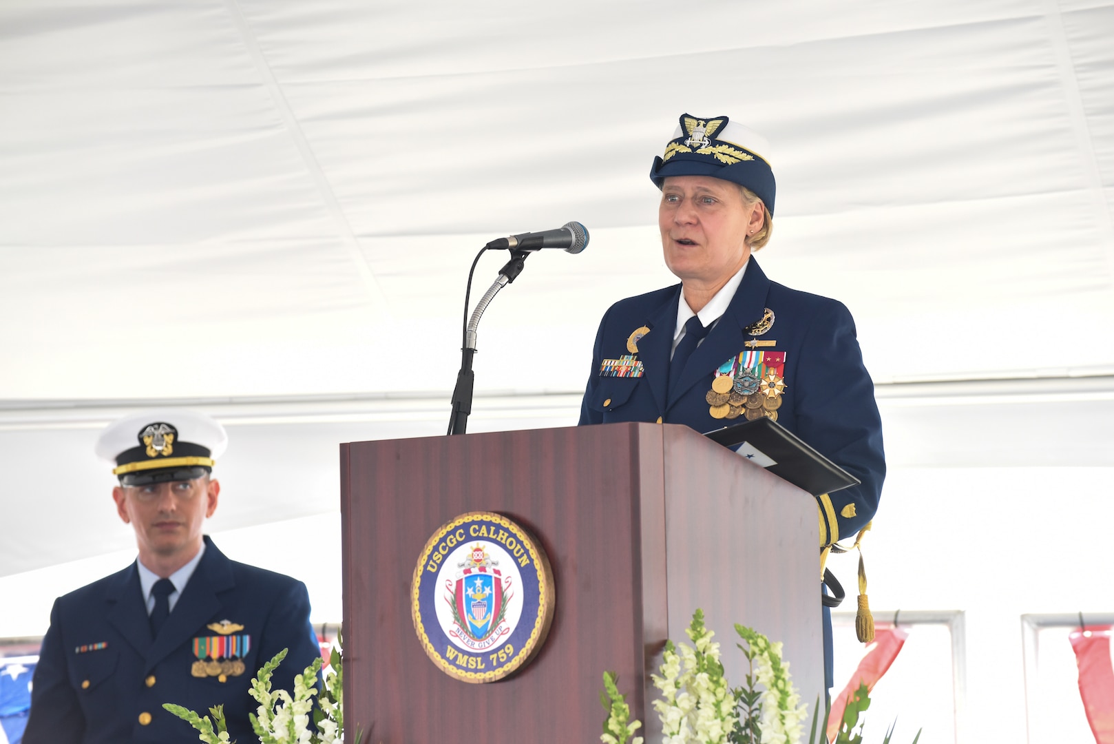 Coast Guard Commandant Adm. Linda Fagan delivers remarks during the commissioning ceremony of U.S. Coast Guard Cutter Calhoun (WMSL 759), April 20, in North Charleston, South Carolina. The Calhoun, which is named for the first Master Chief Petty Officer of the Coast Guard, Charles Calhoun, was commissioned into service as the 10th National Security Cutter. (U.S. Coast Guard photo by Petty Officer 2nd Class Brandon Hillard)