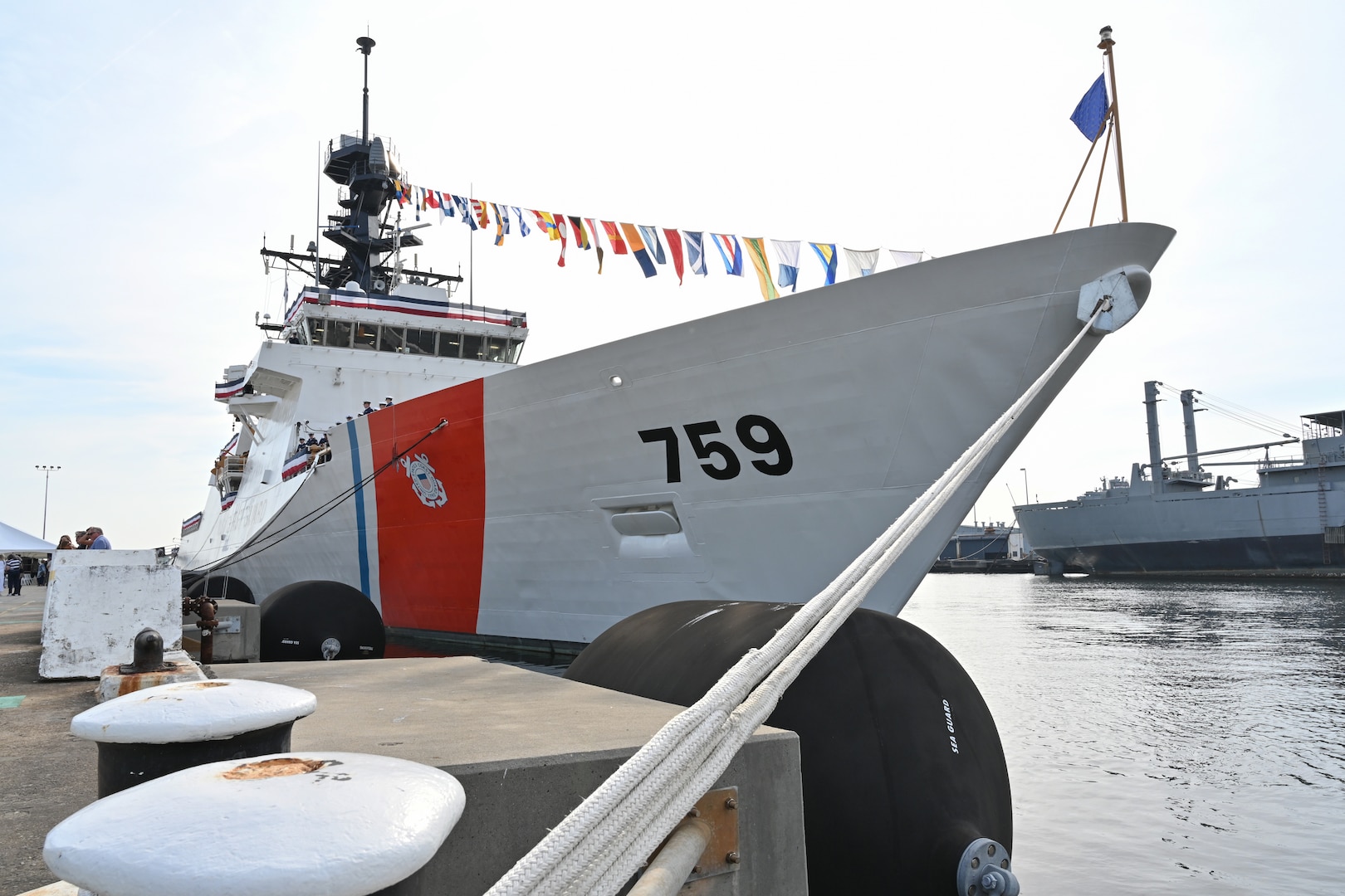 The U.S. Coast Guard Cutter Calhoun (WMSL 759) is moored to the pier on the morning of its commissioning ceremony, April 20, 2024, in North Charleston, South Carolina. The Calhoun, which is named for the first Master Chief Petty Officer of the Coast Guard, Charles Calhoun, was commissioned into service as the 10th National Security Cutter. (U.S. Coast Guard photo by Petty Officer 2nd Class Brandon Hillard)