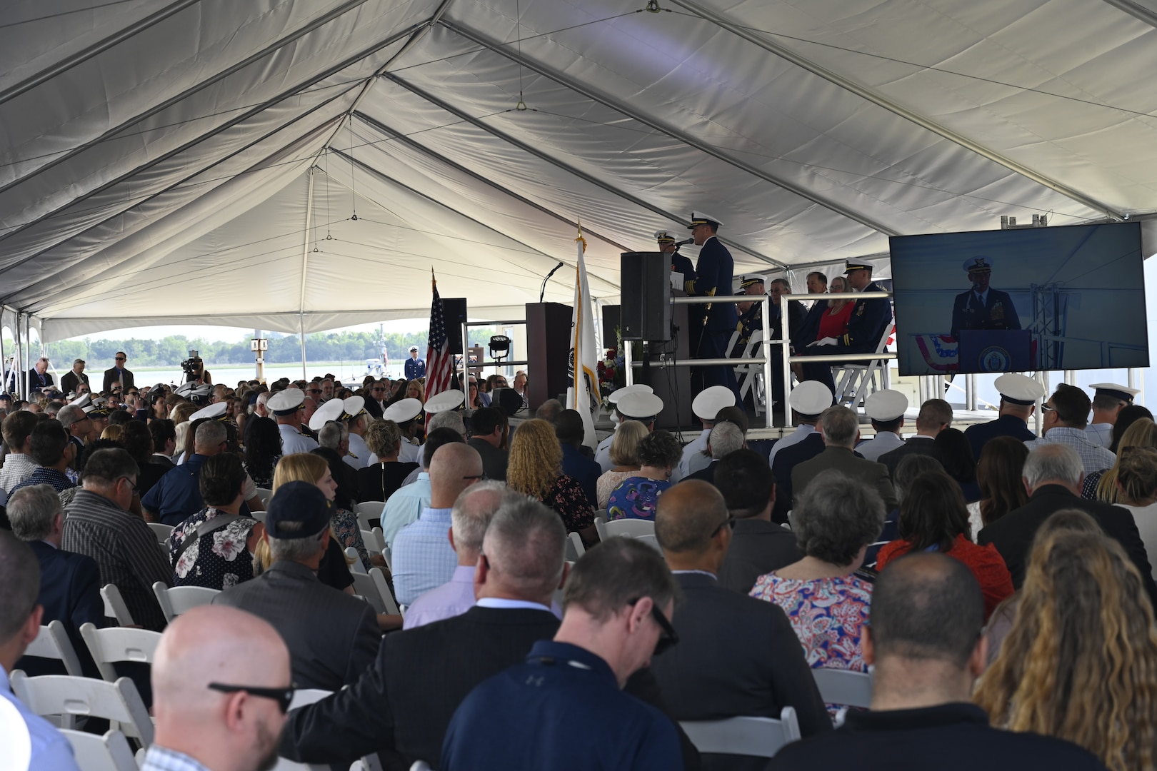 U.S. Coast Guard Capt. Timothy Sommella, commanding officer of the Coast Guard Cutter Calhoun (WMSL 759), addresses the audience during the ship’s commissioning ceremony in North Charleston, South Carolina, April 20, 2024. The Calhoun, which is named for the first Master Chief Petty Officer of the Coast Guard, Charles Calhoun, was commissioned into service as the 10th National Security Cutter. (U.S. Coast Guard photo by Senior Chief Petty Officer Nick Ameen)