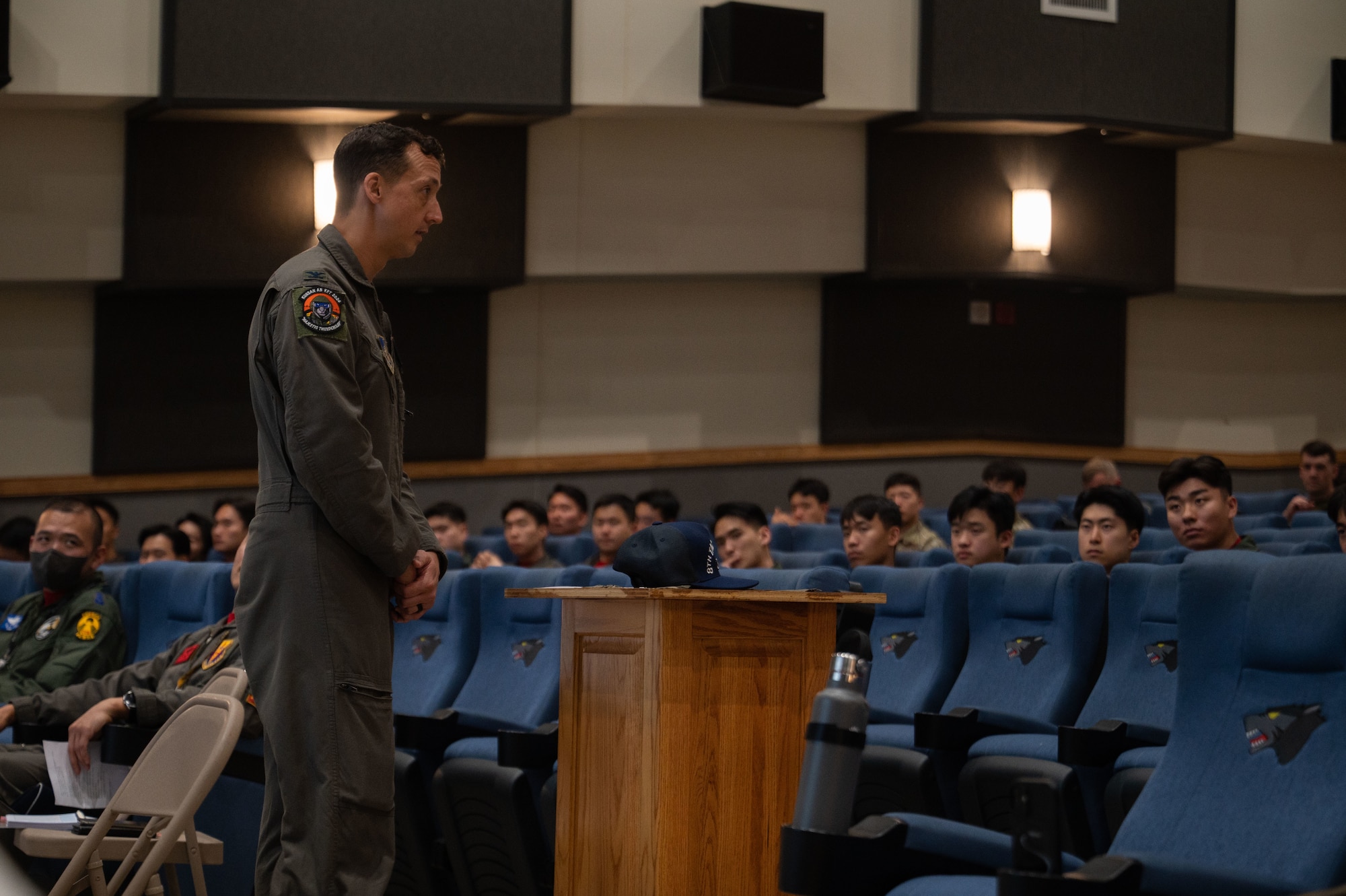 U.S. Air Force Col. Michael G. McCarthy, 8th Operation Group commander, delivers opening remarks at a welcoming briefing before the start of Korea Flying Training 24 at Kunsan Air Base, Republic of Korea