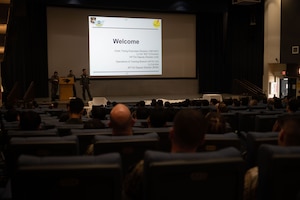 U.S. Air Force and Republic of Korea Air Force leaders deliver indoctrination briefing for service members before the start of Korea Flying Training 2024 at Kunsan Air Base, ROK