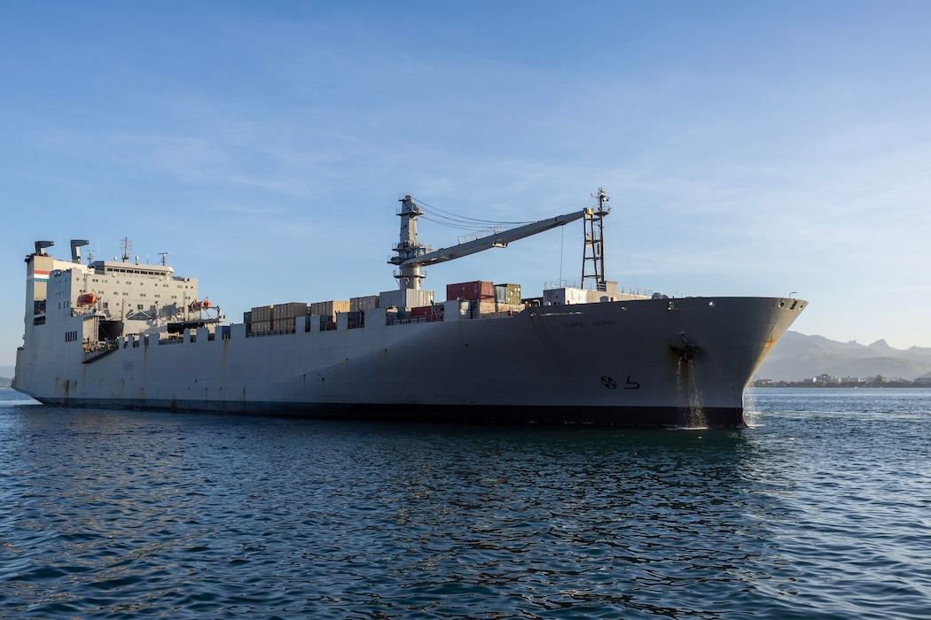 Military Sealift Command (MSC) chartered ship MV Cape Horn (T-AKR 5068) arrives at the New Container Terminal, Subic Bay, Philippines, to offload equipment in support of exercise Balikatan 2024, April 15. Balikatan is a longstanding annual exercise between the Armed Forces of the Philippines and the U.S. military designed to strengthen bilateral capabilities, interoperability, trust, and cooperation. (U.S. Navy photo by Grady T. Fontana)