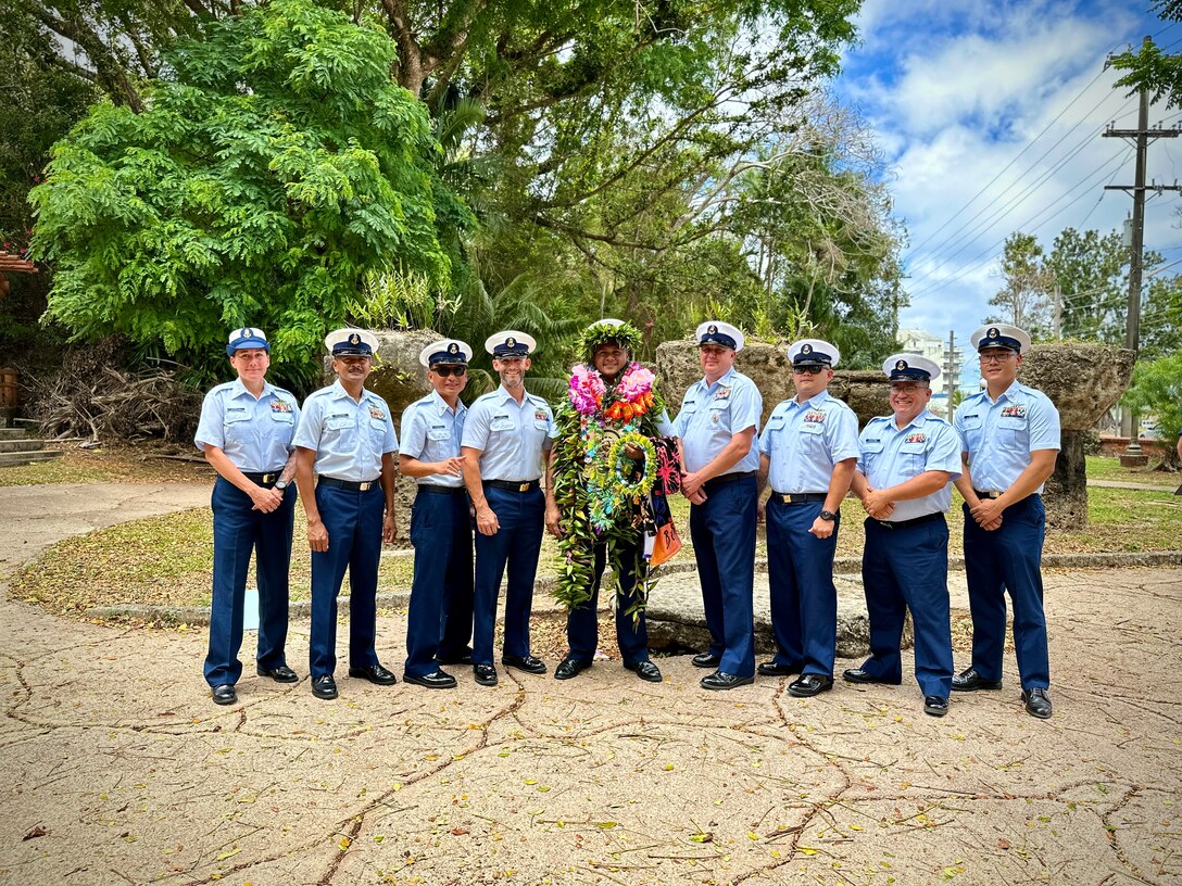 Chief Petty Officer Luis Reyes Blas stands with fellow chiefs on March 26, 2024, at Latte Stone Park, Guam. This advancement was a personal milestone and a continuation of a revered family legacy. Both his grandfather and great-grandfather served as Chiefs in the U.S. Navy. (U.S. Coast Guard photo by Chief Warrant Officer Sara Muir)