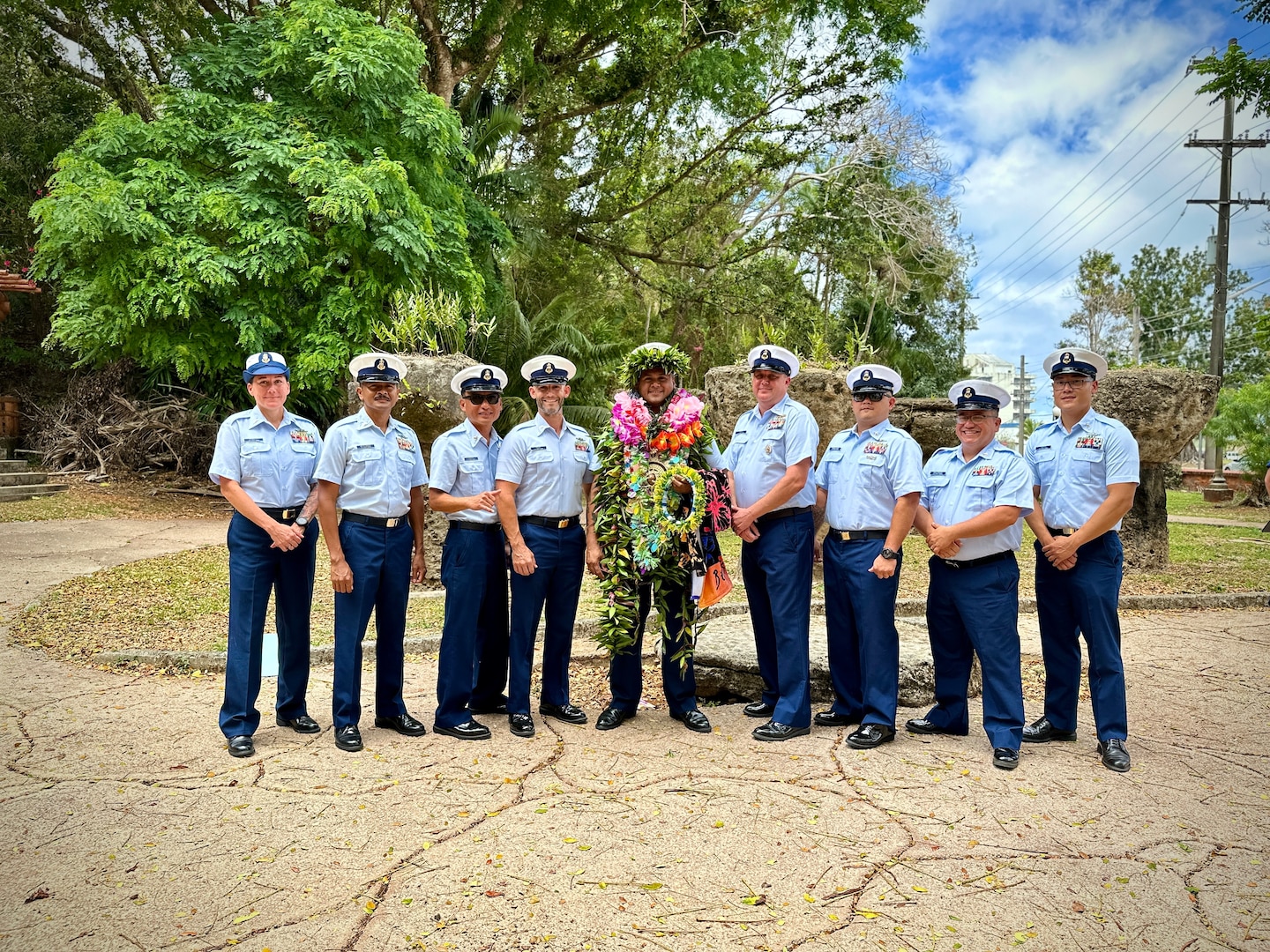 Chief Petty Officer Luis Reyes Blas stands with fellow chiefs on March 26, 2024, at Latte Stone Park, Guam. This advancement was a personal milestone and a continuation of a revered family legacy. Both his grandfather and great-grandfather served as Chiefs in the U.S. Navy. (U.S. Coast Guard photo by Chief Warrant Officer Sara Muir)