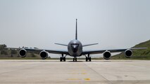 A U.S. Air Force KC-135 assigned to the 909th Air Refueling Squadron prepares to take off during Korea Flying Training 2024 at Kunsan Air Base, Republic of Korea