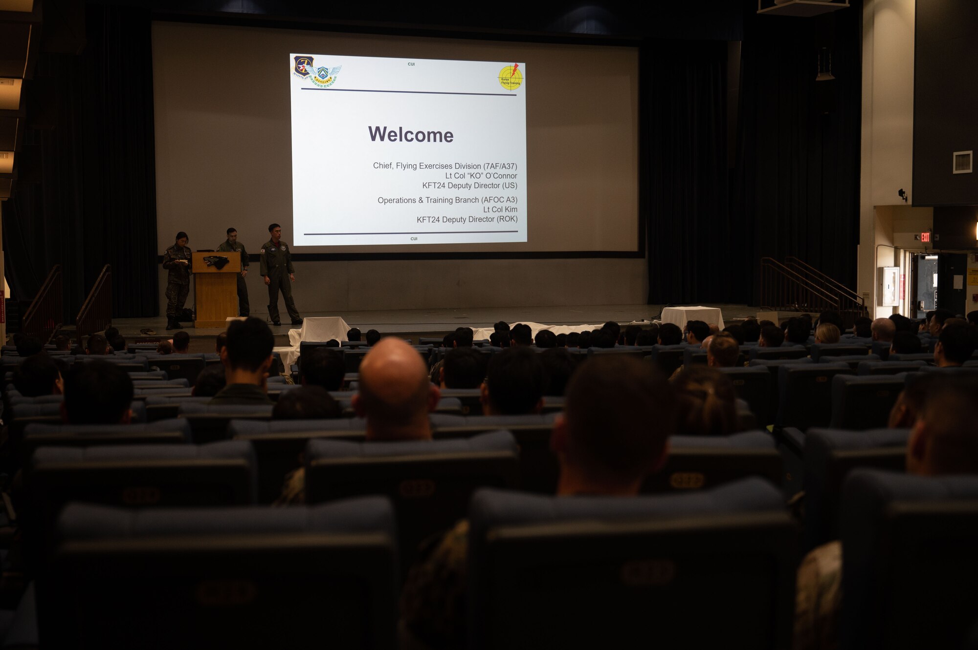 U.S. Air Force and Republic of Korea Air Force leaders deliver indoctrination briefing for service members before the start of Korea Flying Training 2024 at Kunsan Air Base, ROK