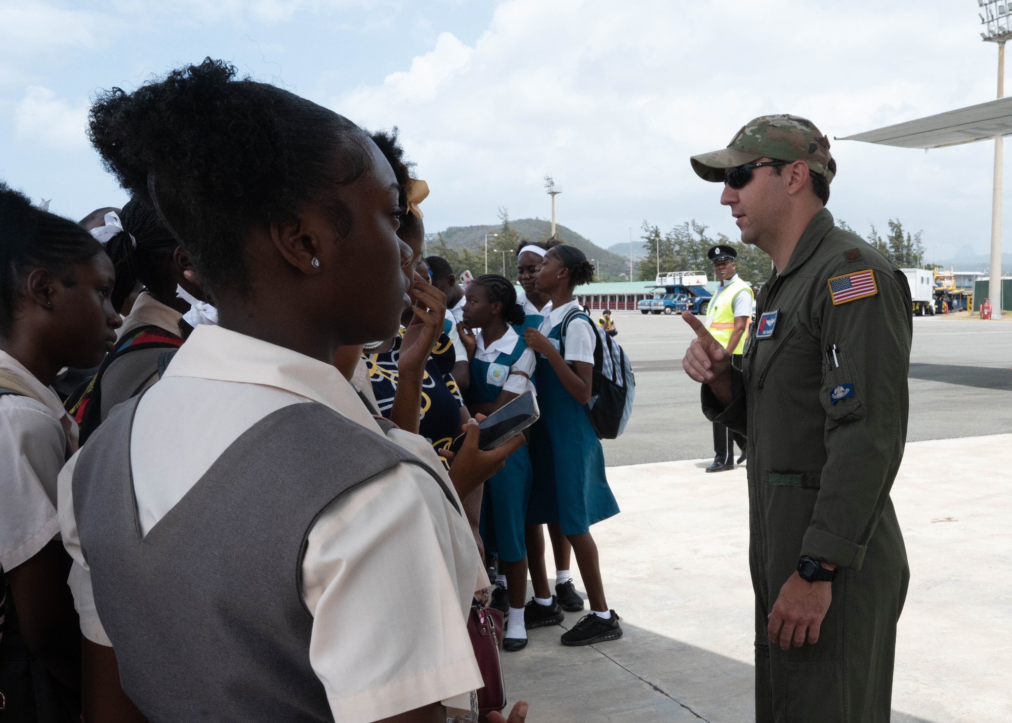 Pilot talking to students at St. Lucia