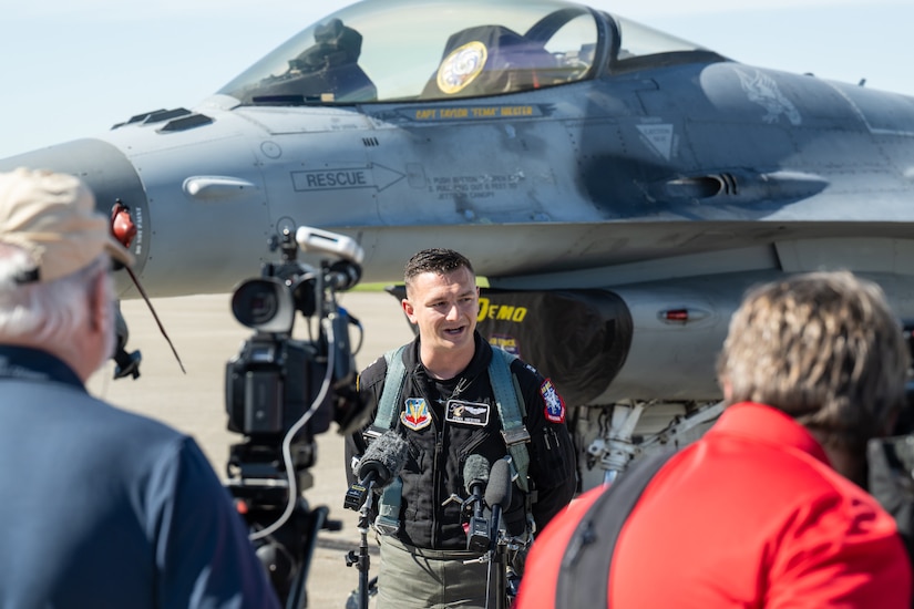 Capt. Taylor Hiester, a pilot for the U.S. Air Force F-16 Viper Demonstration Team, speaks to members of the news media at the Kentucky Air National Guard Base in Louisville, Ky., April 18, 2024, about flying in this weekend’s Thunder Over Louisville air show. More than two-dozen military and civilian aircraft are slated to appear in the show April 20, including the Kentucky Air Guard’s C130J Super Hercules. (U.S. Air National Guard photo by Dale Greer)