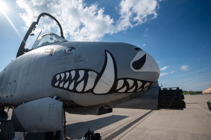 An A-10 Thunderbolt II aircraft sits on the flight line at the Kentucky Air National Guard Base in Louisville, Ky., April 18, 2024, after landing in preparation for this weekend’s Thunder Over Louisville air show. The aircraft is one of more than two-dozen military and civilian planes slated to appear at Thunder, including the Kentucky Air Guard’s C-130J Super Hercules. (U.S. Air National Guard photo by Phil Speck)