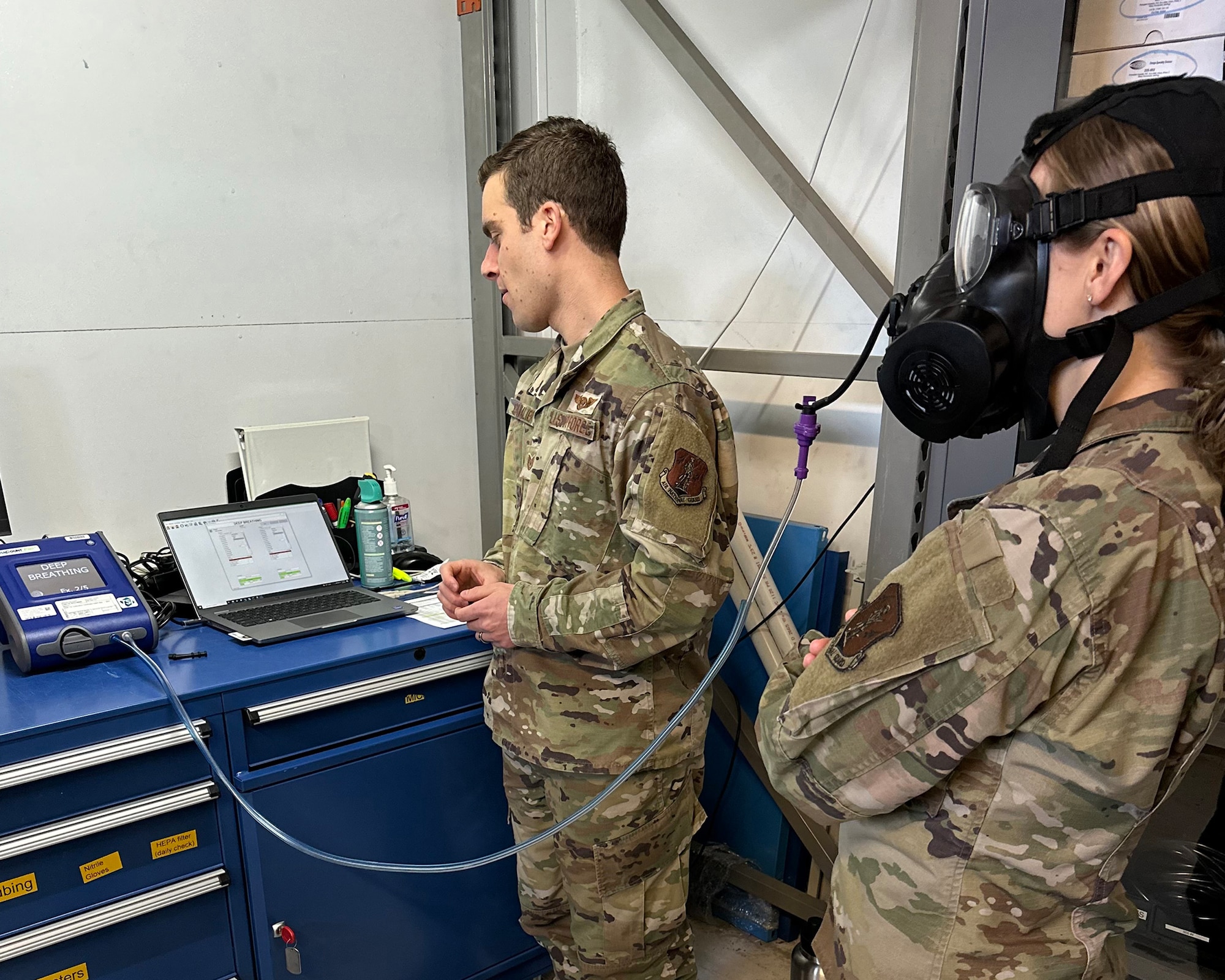 U.S. Air Force Tech Sgt Matthew Cavalier, a bioenvironmental engineering technician from the 133rd Medical Group, administers the quantitative fit test in St. Paul, Minn., April 6, 2024.