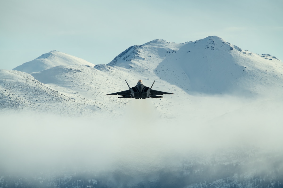 A 90th Fighter Squadron F-22 Raptor assigned takes off from Joint Base Elmendorf-Richardson, Alaska, April 7, 2024, for exercise Agile Reaper 24-1. AR 24-1 is a 3rd Air Expeditionary Wing effort to exercise Agile Combat Employment. The exercise used combat-representative roles and processes to deliberately target all participants as a training audience and stress the force’s capability to generate combat air power across the Indo-Pacific region. (U.S. Air Force photo by Senior Airman Patrick Sullivan)