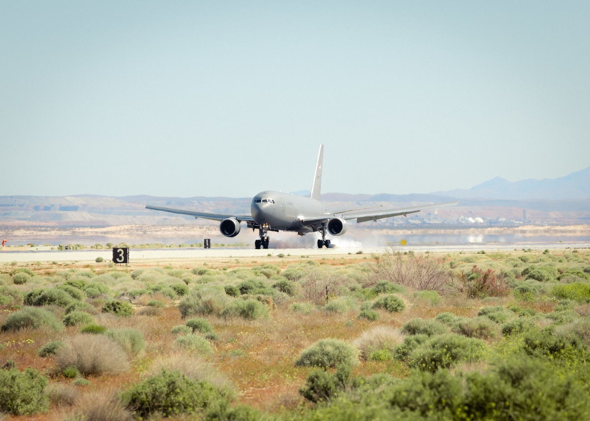 A KC-46 Pegasus out of McConnell Air Force Base, Kan., lands at Edwards AFB, Calif., April 15, 2024. The aircraft was relocated to Edwards AFB ahead of severe weather expected to hit McConnell AFB. (U.S. Air Force photo by Bryce Bennett)