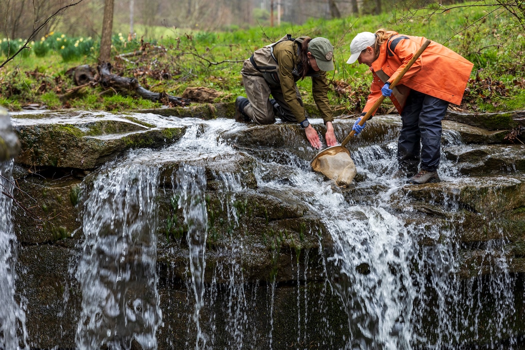 Biologists work on a small waterfall to collect biological samples to test water quality.