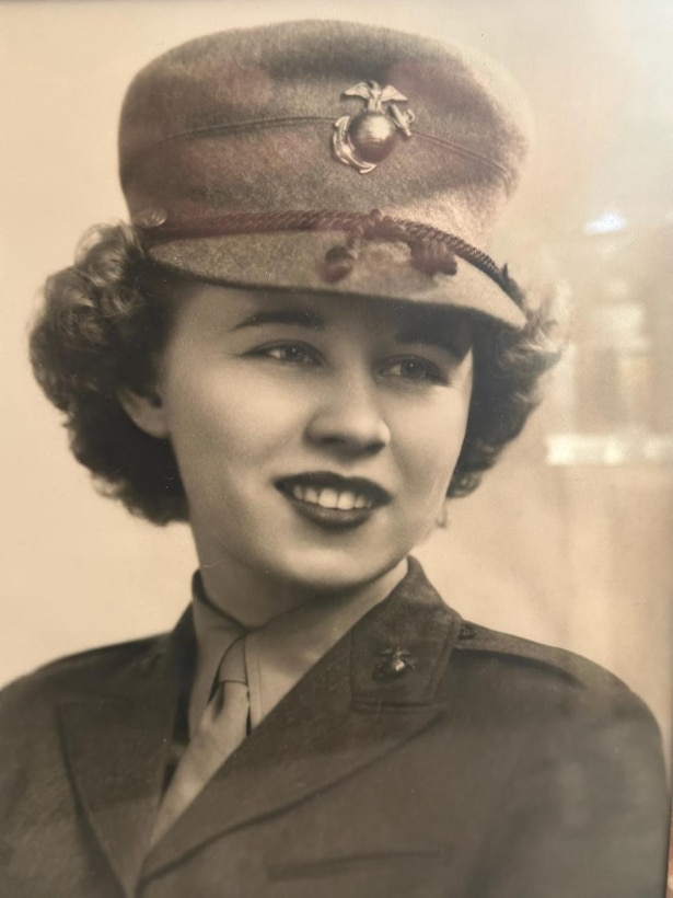 A photo of retired U.S. Marine Corps Corporal Lou 'Mama Lou' Keller during her time as a U.S. Marine. Mama Lou enlisted in the Marine Corps to honor her father during World War II and was the first woman to join the Marine Corps from Gilroy, CA.