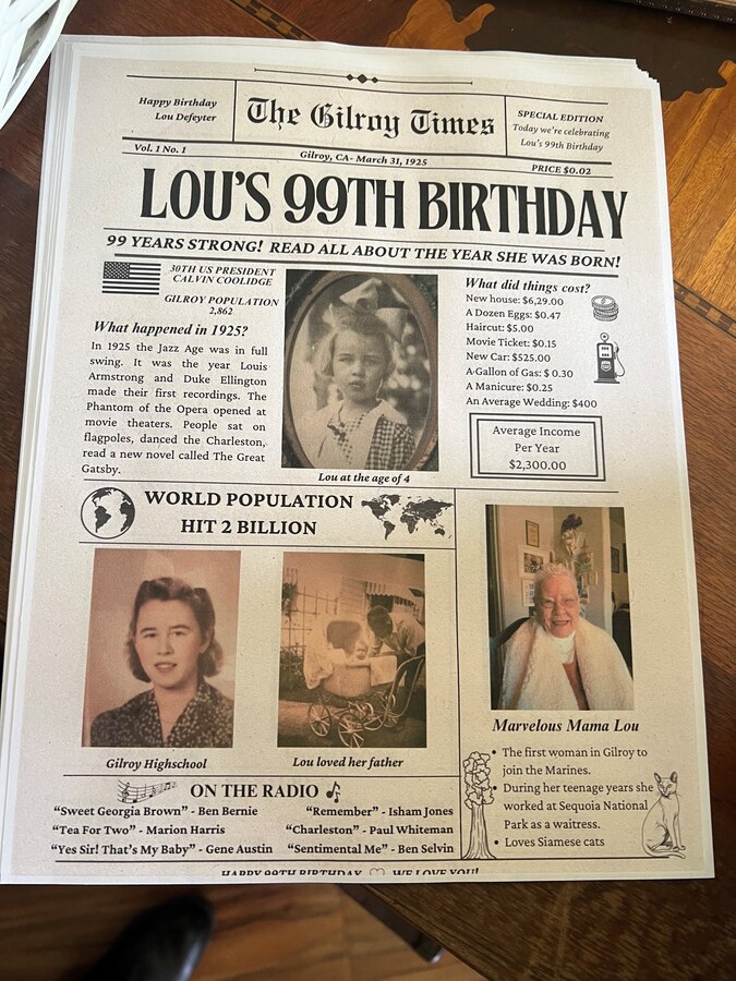 The Gilroy Times honors retired U.S. Marine Corps Corporal Lou 'Mama Lou' Keller’s 99th Birthday in Gilroy CA, March 30, 2024. Mama Lou was stationed at the Pentagon during the height of WWII processing Purple Hearts.