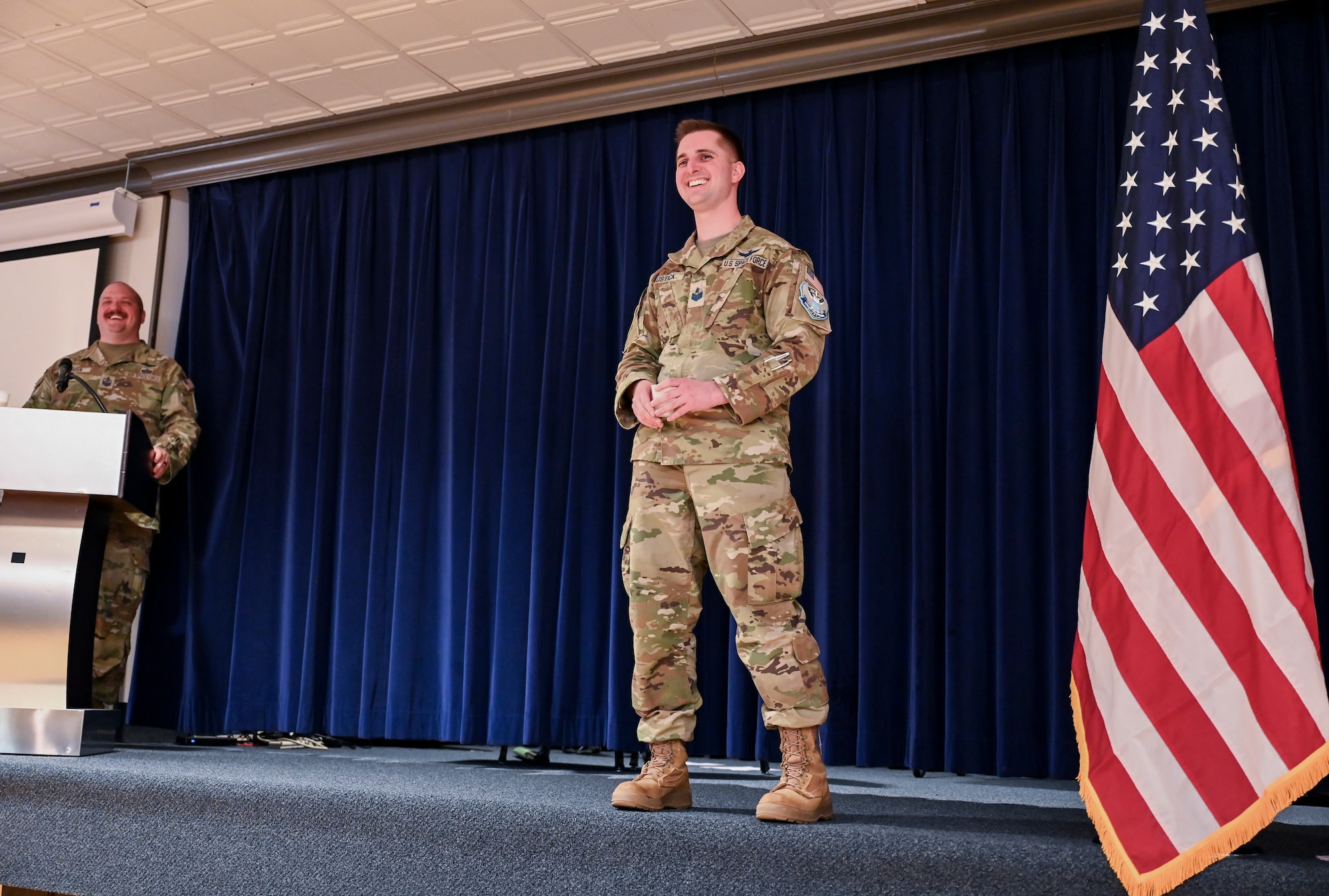 U.S. Space Force Tech. Sgt. William Kostick, 23rd Electromagnetic Warfare Squadron, provides remarks during a Fellowship II induction ceremony at Peterson Space Force Base, Colo., April 19, 2024. The Fellowship II curriculum—which remains a five-week course—is enriched with foundational Space Force competencies, ensuring a comprehensive understanding of space-centric roles. (U.S. Air Force photo by Capt. Charles Rivezzo)