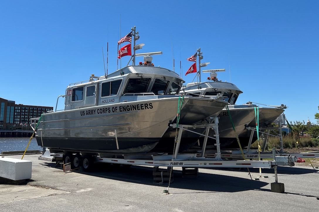 U.S. Army Corps of Engineers, Savannah District survey vessels secured in depot for severe weather during hurricane preparedness exercise, March 28, 2024.
