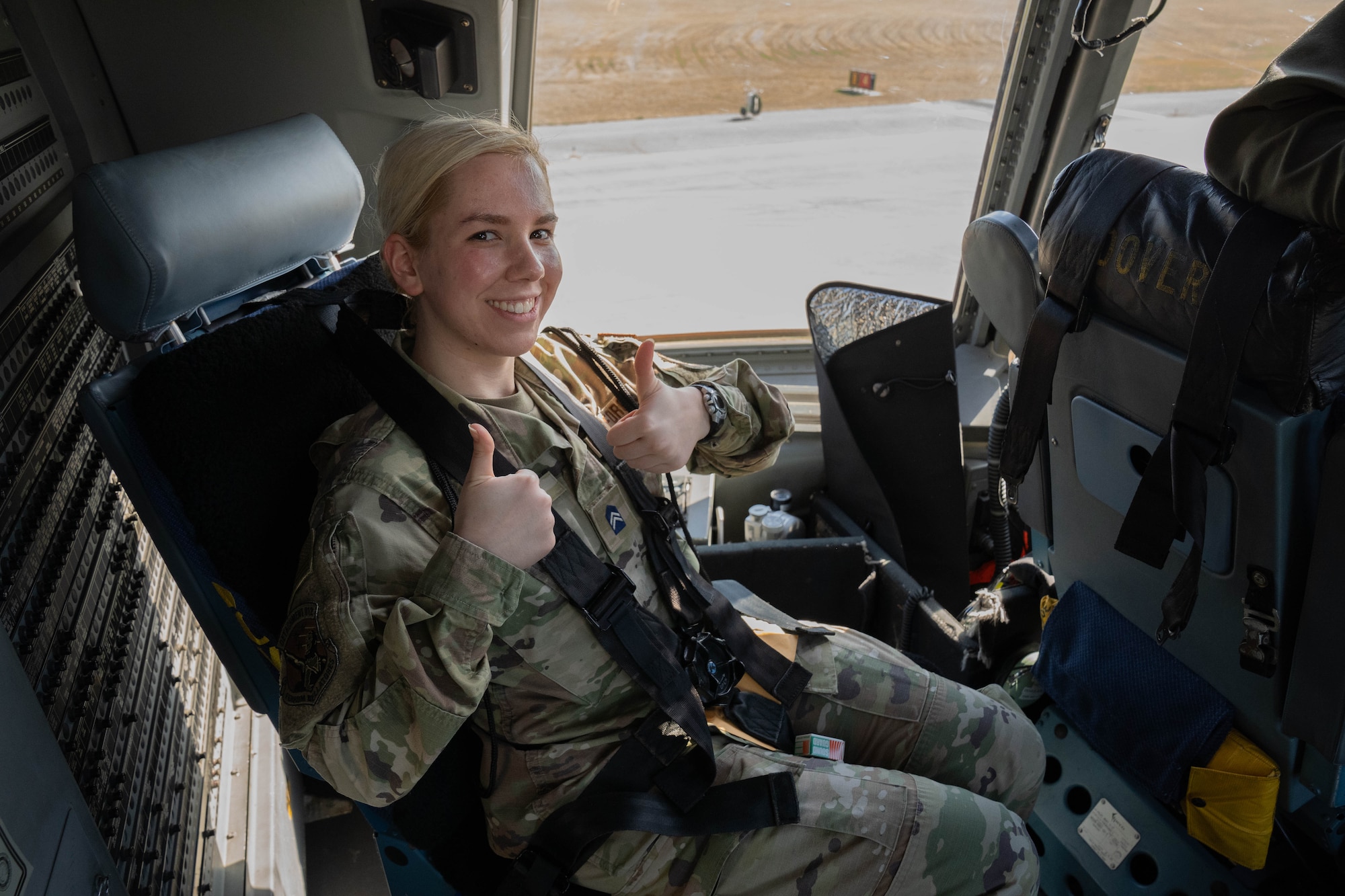 A U.S. Air Force ROTC cadet prepares for an incentive flight aboard a C-17 Globemaster III during Pathways to Blue at Keesler Air Force Base, Mississippi, March 22, 2024.