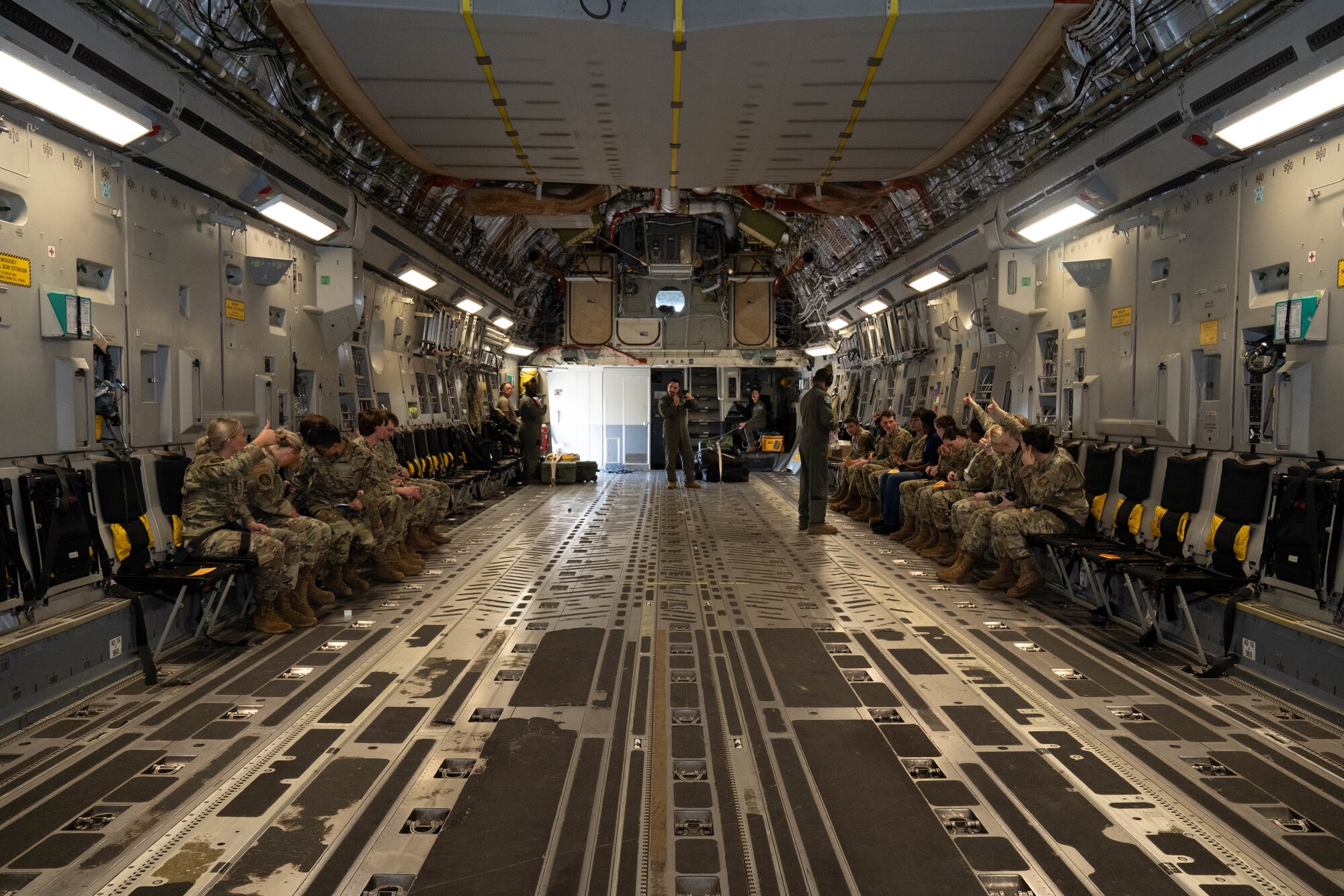 U.S. Air Force ROTC cadets prepare for an incentive flight aboard a C-17 Globemaster III during Pathways to Blue at Keesler Air Force Base, Mississippi, March 22, 2024.