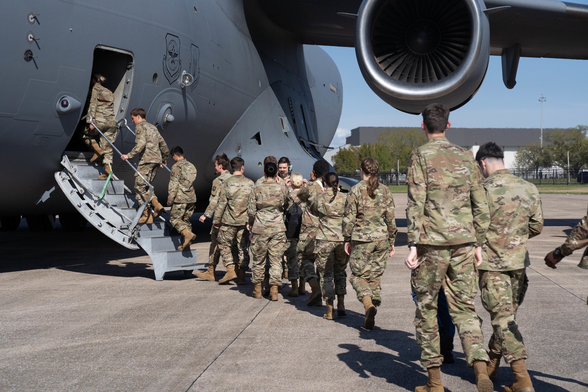 U.S. Air Force ROTC cadets board a C-17 Globemaster III for an incentive flight during Pathways to Blue on Keesler Air Force Base, Mississippi, March 22, 2024.