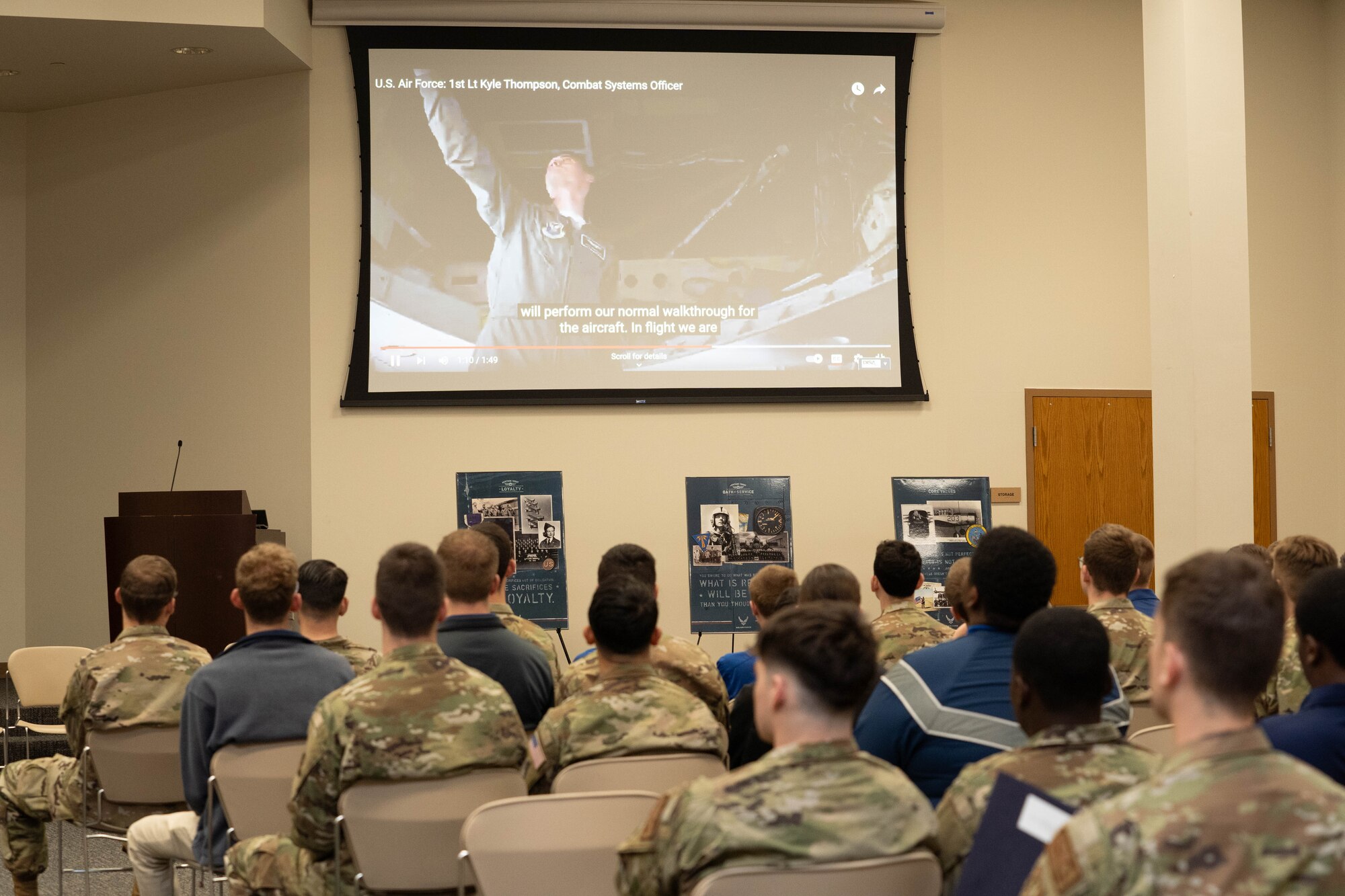 U.S. Air Force ROTC cadets watch a video showcasing different career fields at Pathways to Blue on Keesler Air Force Base, Mississippi, March 22, 2024.