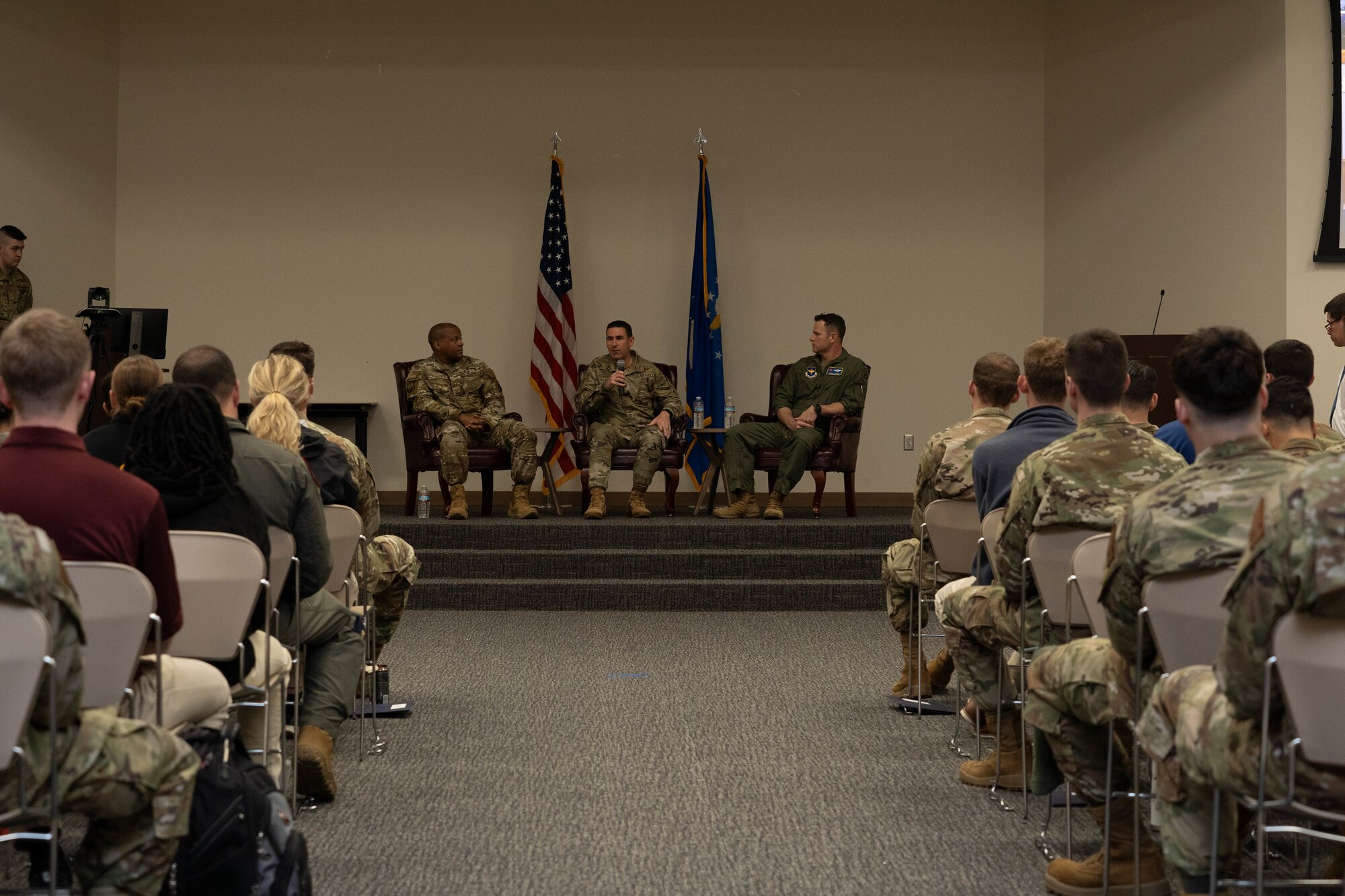 U.S. Air Force Col. Edward Irick, Special Warfare Training Wing deputy commander, Col. Jason Allen, 81st Training Wing deputy commander, and Col. Joshua Jackson, 58th Special Operations Wing deputy commander, talk about their experience in leadership roles during Pathways to Blue at Keesler Air Force Base, Mississippi, March 22, 2024.