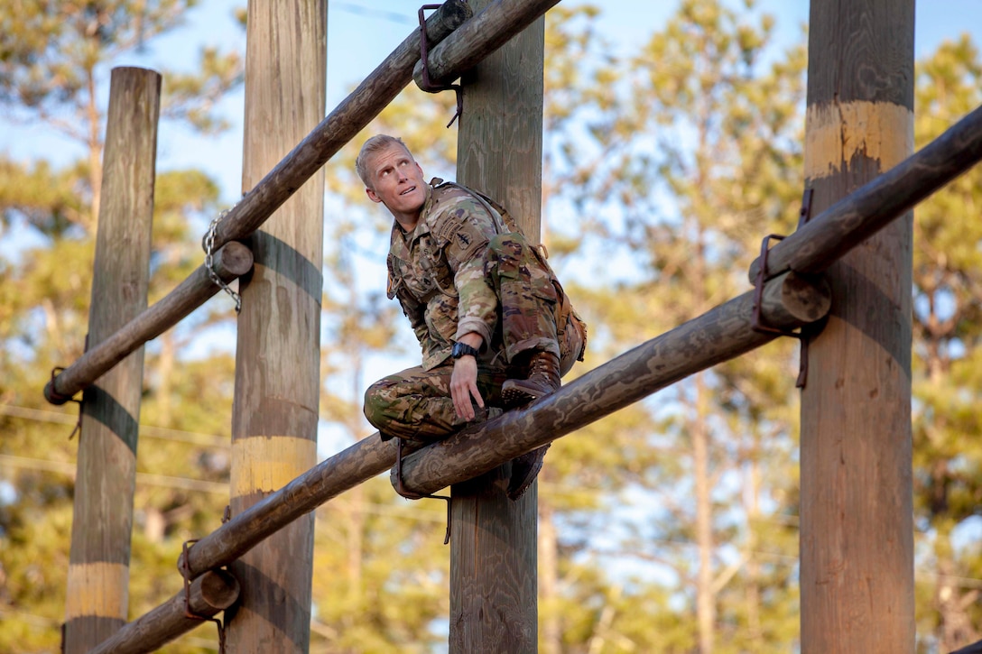 A soldier climbs a ladder made of logs during an obstacle course with trees in the background.