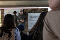 U.S. Marine Corps Staff Sgt. Jeffry Buchanan, a primary marksmanship instructor with Weapons and Field Training Battalion, Recruit Training Regiment, briefs educators from Recruiting Stations Portland, Riverside, San Francisco, and Seattle on weapons safety as part of the 2024 Educator’s Workshop at Marine Corps Base Camp Pendleton, California, April 18, 2024. Participants of the workshop visit MCRD San Diego to observe recruit training and gain a better understanding about the transformation from recruits to United States Marines. Educators also received classes and briefs on the benefits that are provided to service members serving in the United States armed forces. (U.S. Marine Corps photo by Sgt. Jesse K. Carter-Powell)