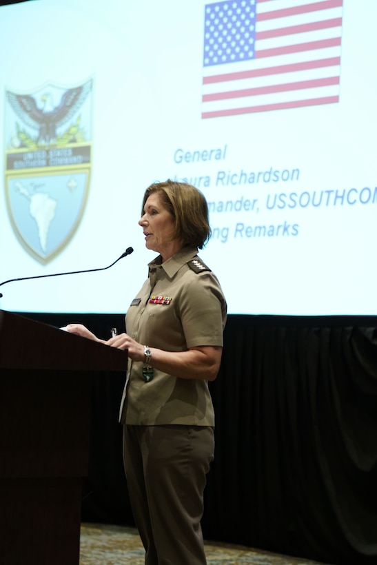U.S. Army General Laura Richardson, the commander of U.S. Southern Command, addresses regional security leaders during the opening ceremony of the Central American Security Conference.