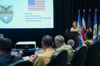 U.S. Army General Laura Richardson, the commander of U.S. Southern Command, addresses regional security leaders during the opening ceremony of the Central American Security Conference.
