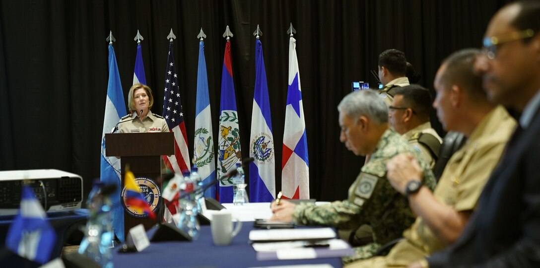 U.S. Army General Laura Richardson addresses regional security leaders during the opening ceremony of the Central American Security Conference.