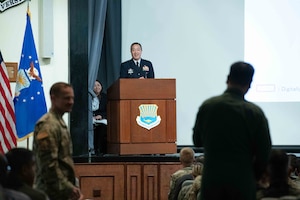 Gen. Hiroaki Uchikura, Chief of Staff, Japanese Air Self Defense Force, takes questions from Air University’s Air Command and Staff College students at Maxwell Air Force Base, Ala., Apr. 18, 2024.