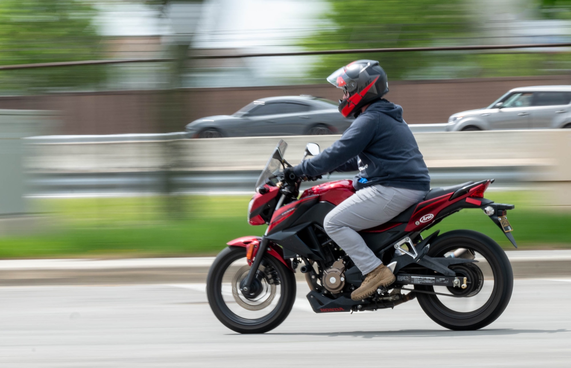A motorist rides his motorcycle during a motorcycle safety training event at Dover Air Force Base, Delaware, April 18, 2024. There were 150 participants in this year's Motorcycle Safety Day, both from the base and the local community. (U.S. Air Force photo by Airman Liberty Matthews)