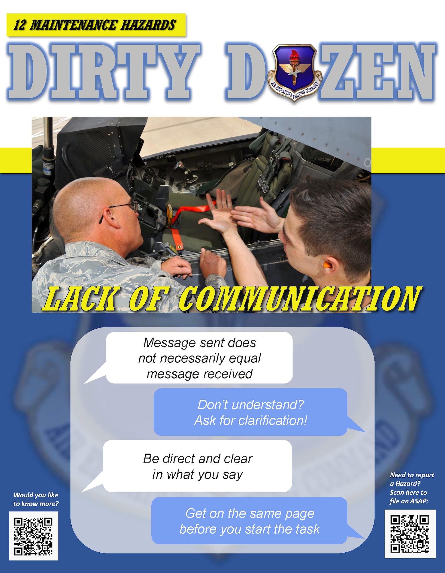 Lack of communication is one of the Dirty Dozen, which highlights common human error factors in aircraft maintenance mishaps.