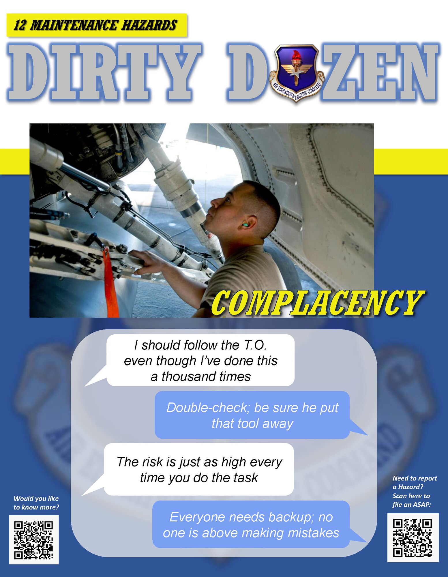 Complacency is one of the Dirty Dozen, which highlights common human error factors in aircraft maintenance mishaps.