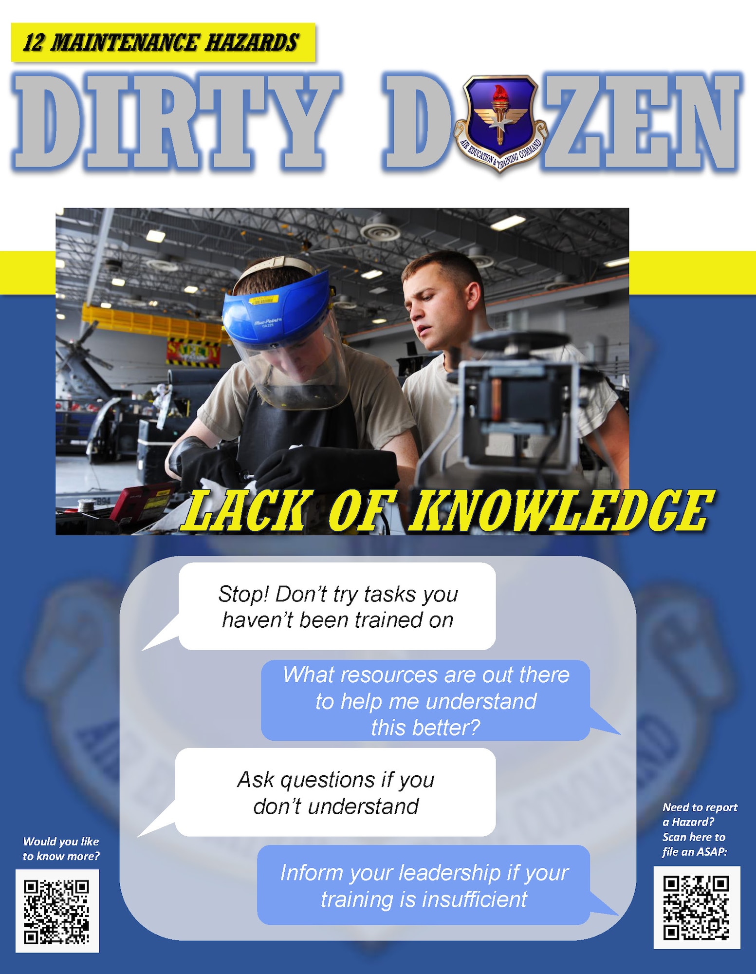 Lack of knowledge is one of the Dirty Dozen, which highlights common human error factors in aircraft maintenance mishaps.