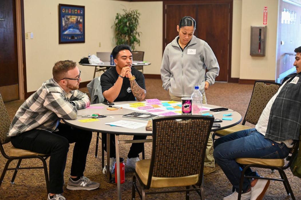 A group of students in the Warfighter-Centered Design (WCD)/Military Scrum Master (MSM) participate in an exercise at the Recce Point Club on Beale Air Force Base, California, April 9, 2024.
