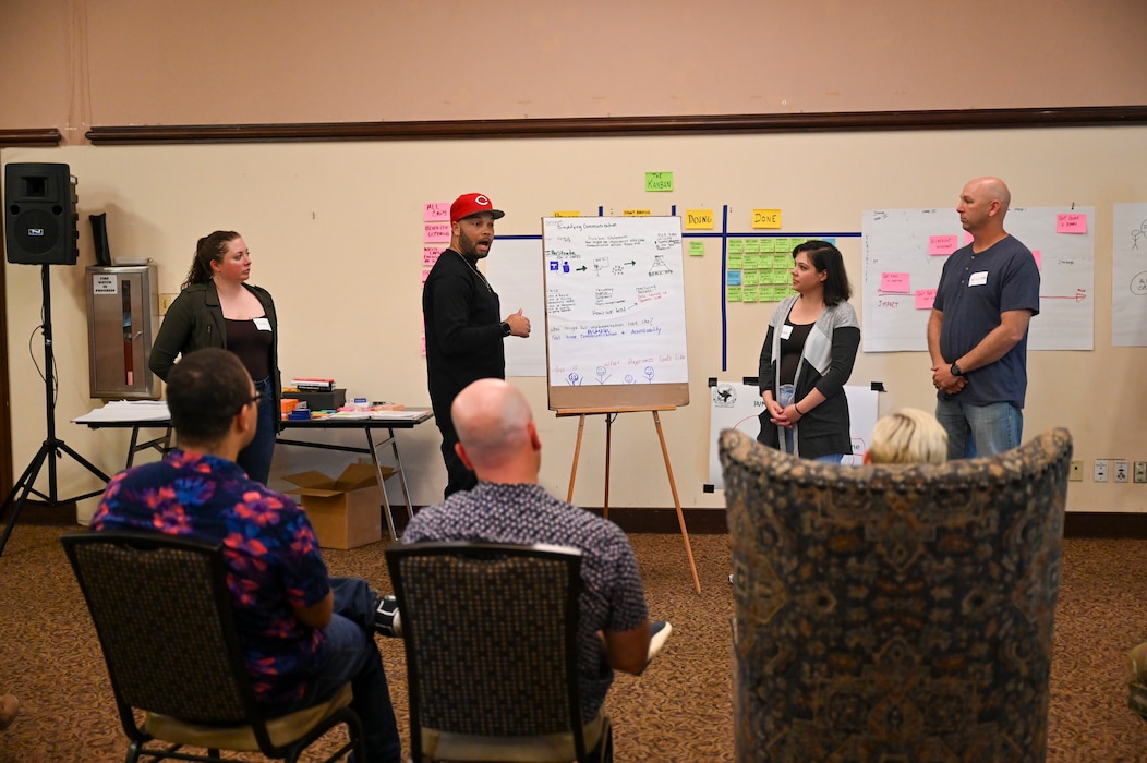 A group of students in the Warfighter-Centered Design (WCD)/Military Scrum Master (MSM) present their discussion in an exercise at the Recce Point Club on Beale Air Force Base, California, April 9, 2024.