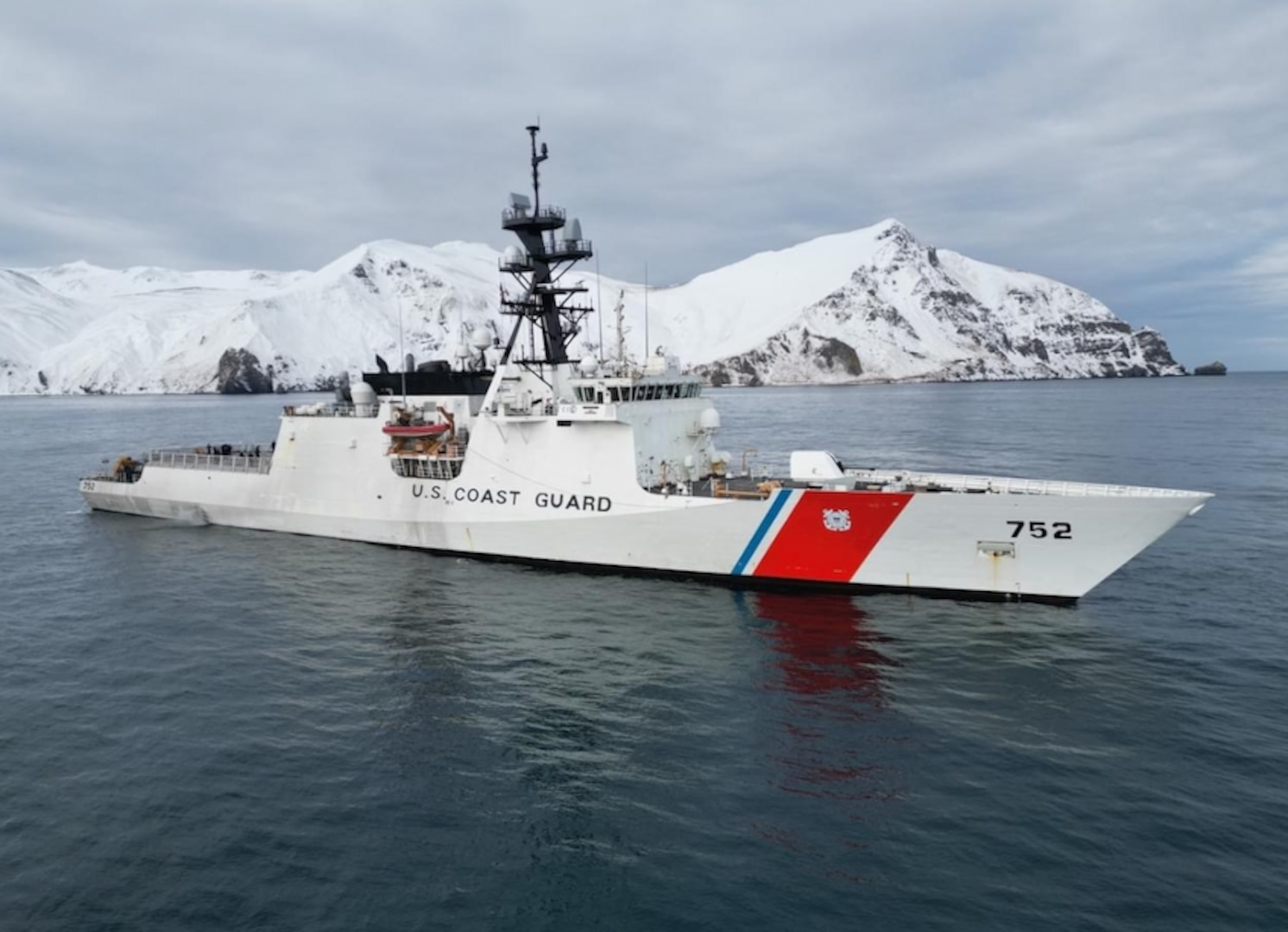 Coast Guard Cutters Stratton (WMSL 752) and Bailey Barco (WPC 1122) rendezvous in Beaver Inlet near Dutch Harbor, Unalaska, Alaska, Feb. 28, 2024. Both cutters conducted joint cutter boat training and formation steaming while on patrol in the Bering Sea and Gulf of Alaska for fisheries enforcement, safety of life at sea, and sovereignty projection. (U.S. Coast Guard courtesy photo)