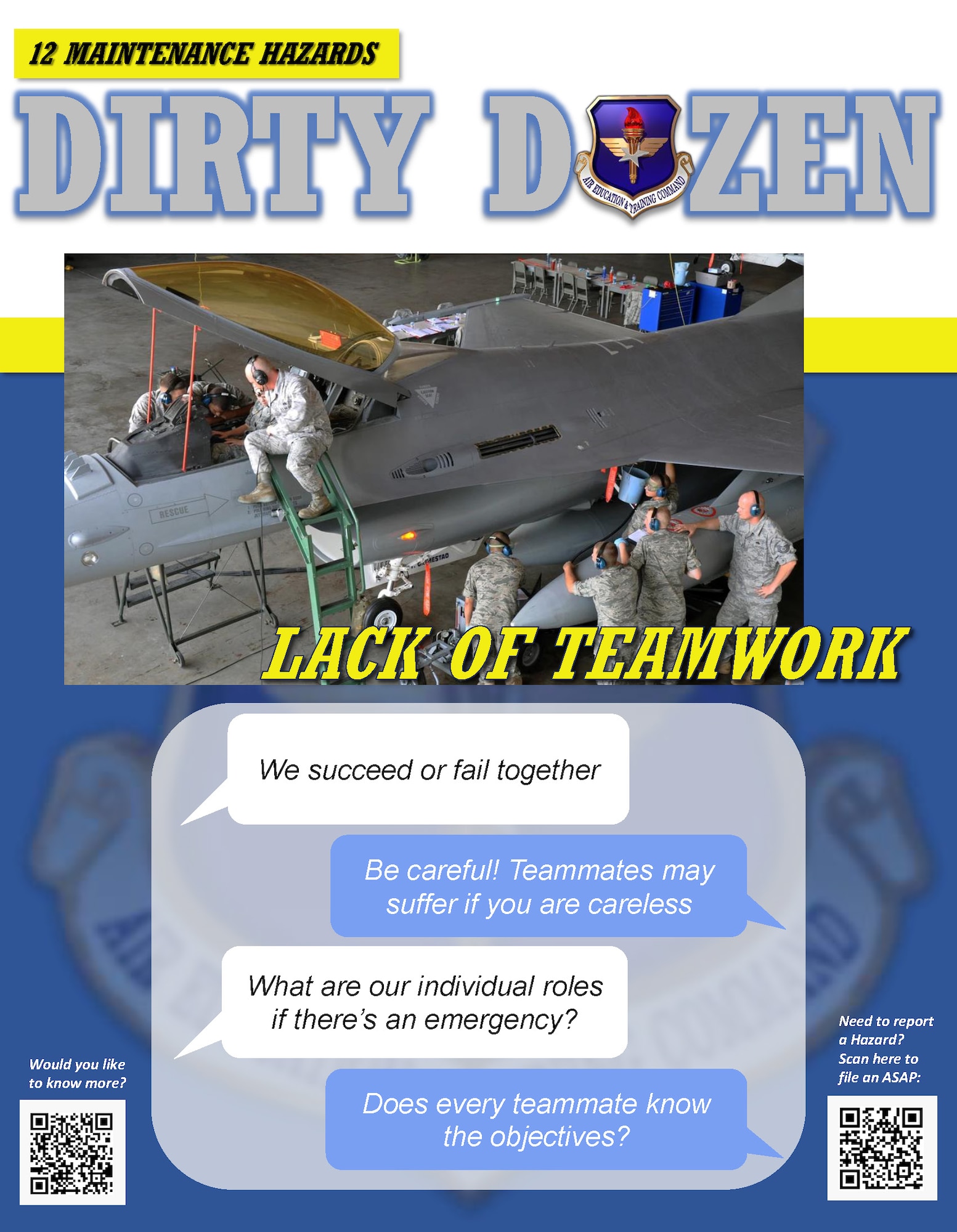 Lack of teamwork is one of the Dirty Dozen, which highlights common human error factors in aircraft maintenance mishaps.