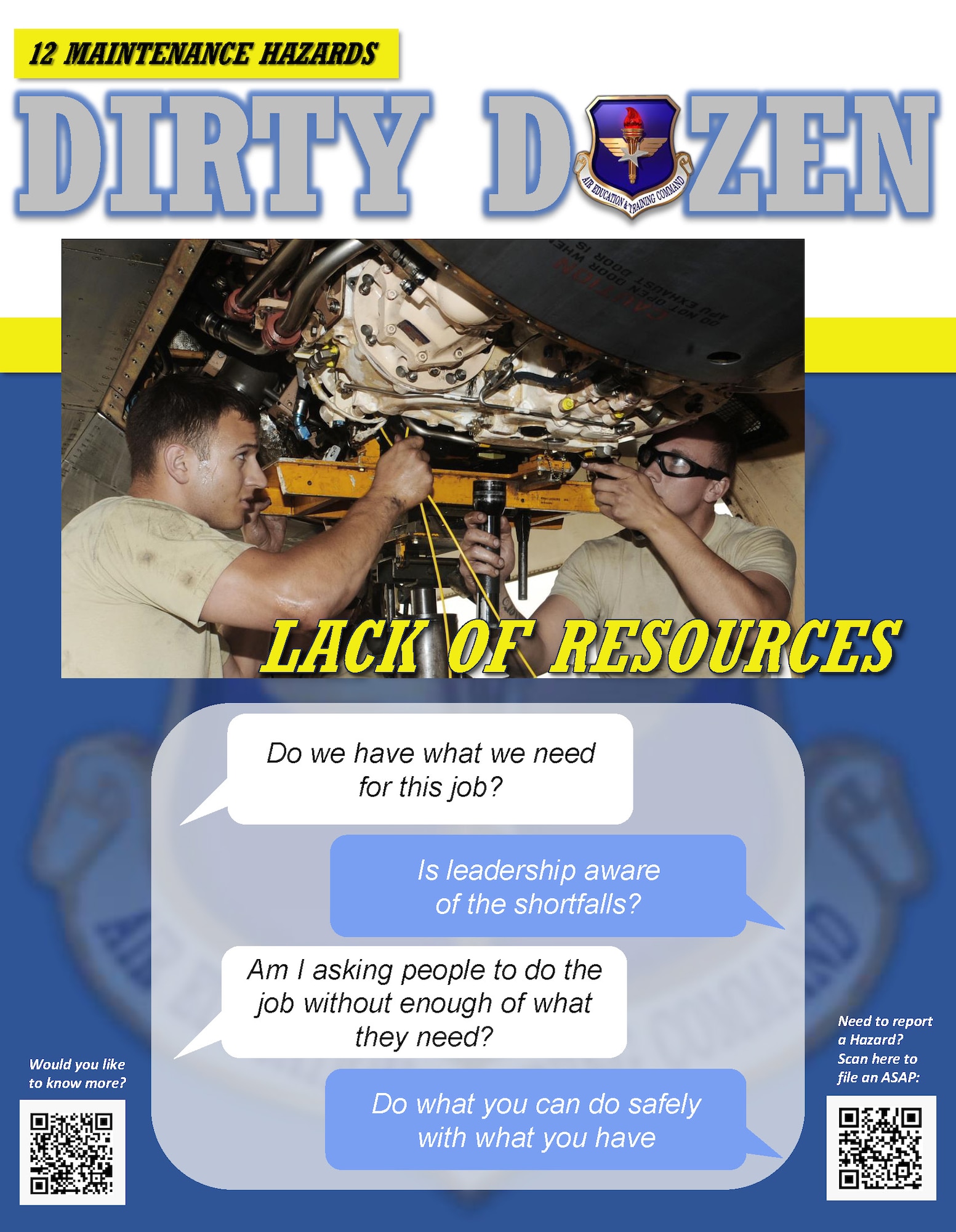 Lack of resources is one of the Dirty Dozen, which highlights common human error factors in aircraft maintenance mishaps.