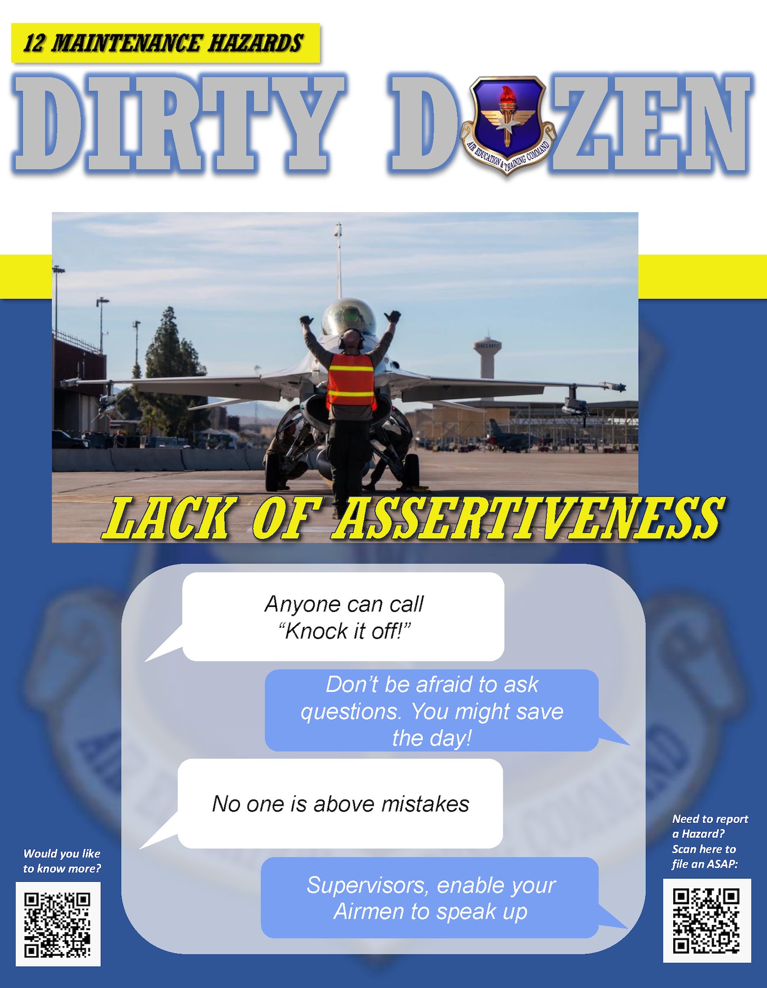Lack of assertiveness is one of the Dirty Dozen, which highlights common human error factors in aircraft maintenance mishaps.