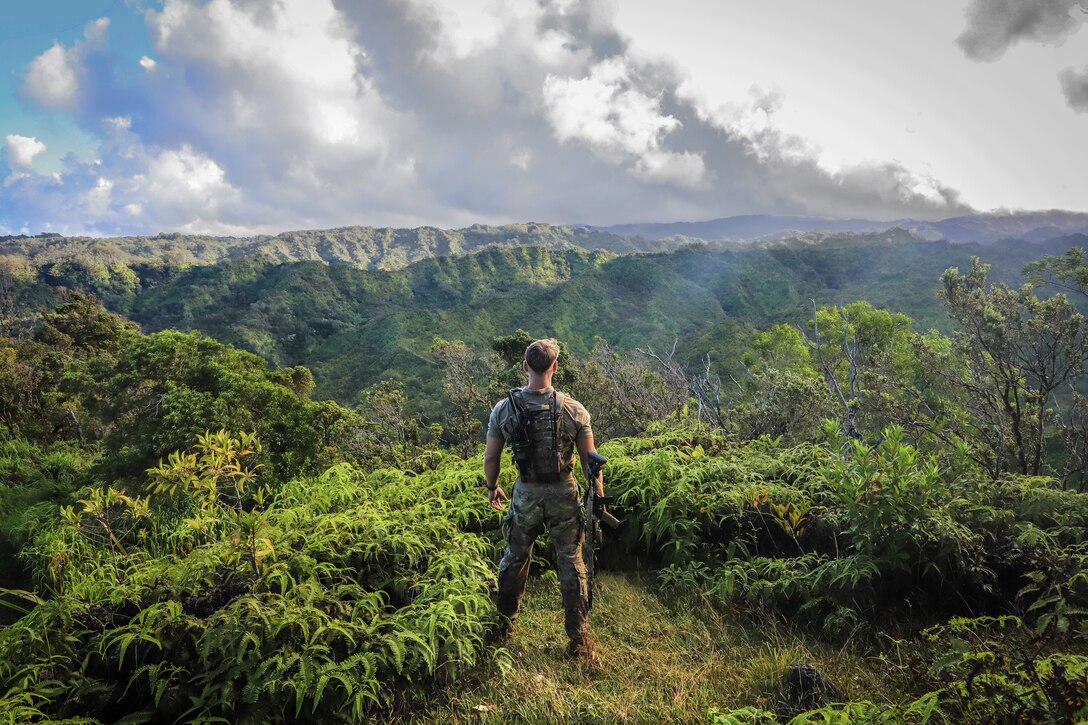 1st Lt. Noah Gendron, battalion adjutant, 2nd Battalion, 27th Infantry Regiment, 3rd Infantry Brigade Combat Team, overlooks the rolling mountains across East Range during a field exercise near Schofield Barracks, Hawaii, Aug. 8, 2022. Soldiers assigned to 3IBCT routinely train across the myriad of Hawaiian landscapes to improve their capabilities as jungle experts for America's Pacific Division.