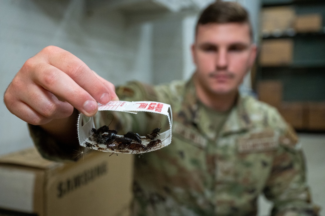 An insect trap is being shown by U.S. Air Force Senior Airman Christopher Cauldwell, 633d Civil Engineer Squadron pest management journeyman, at Joint Base Langley Eustis, Dec. 4, 2023. Insect traps often utilize pheromones, chemical signals emitted by insects, to attract and capture specific pests, providing a targeted and eco-friendly approach to pest management.Alt Text needed when an image is chosen